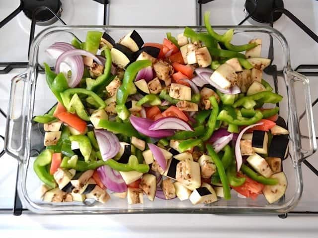 Diced Vegetables in baking pan on stovetop 