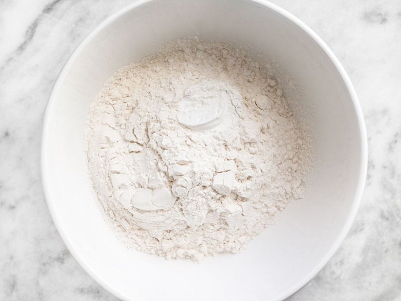 Dry Ingredients for Cranberry Almond Cake in mixing bowl 