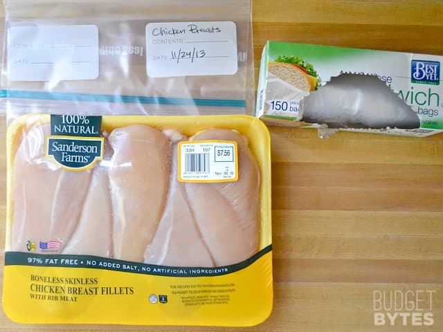 Supplies to freeze chicken (package of chicken breast, zip lock baggies, pen to mark date) 