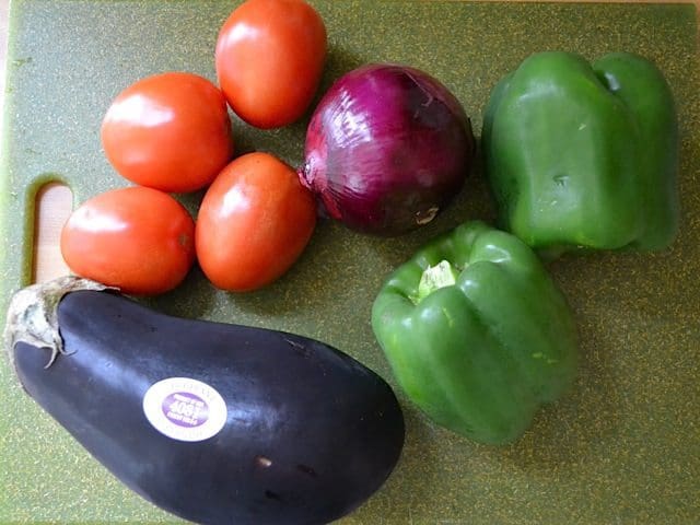 Veggies (tomato, green pepper, eggplant and onion)