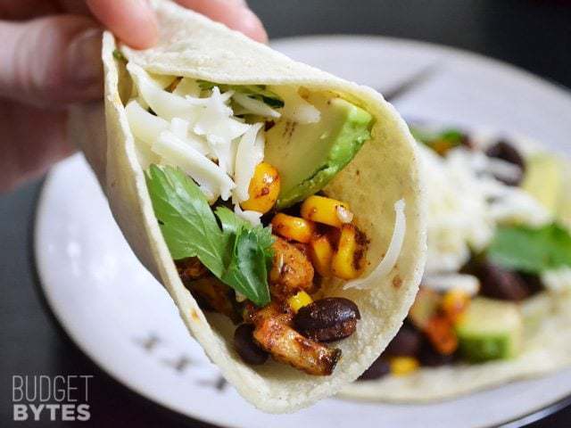 Close up of Roasted Corn & Zucchini Taco