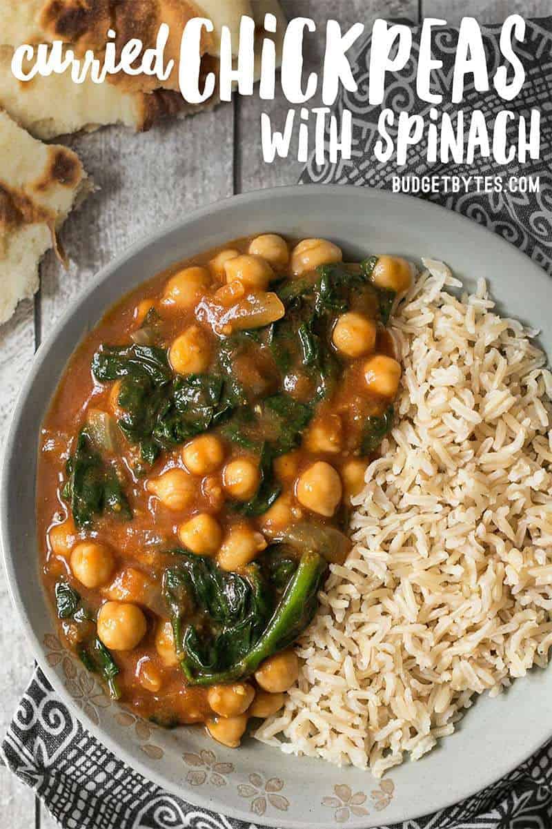 These super fast Curried Chickpeas with spinach are packed with flavor and nutrients, vegan, gluten-free, and filling! Plus they freeze great!
