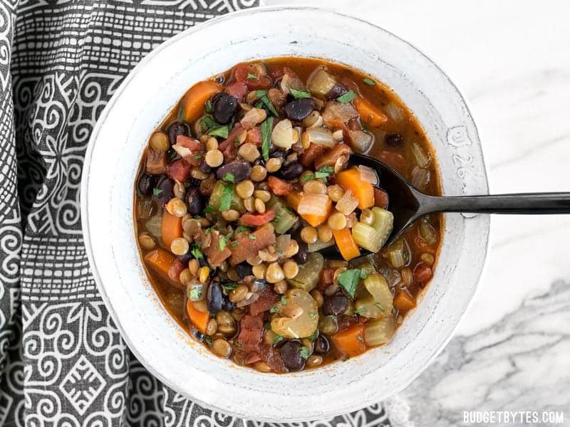 Top view of a bowl of Chunky Lentil and Vegetable Soup with a spoon in it 