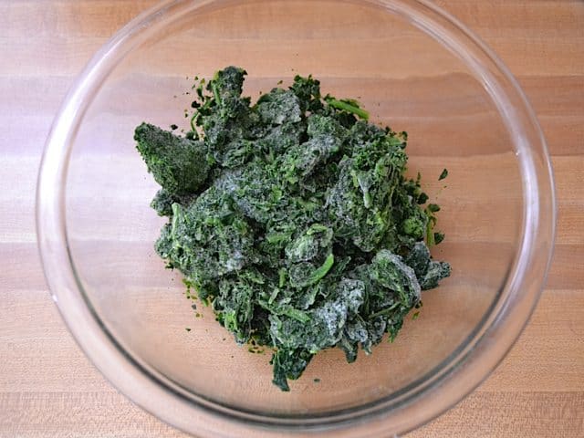 Frozen Spinach in mixing bowl 