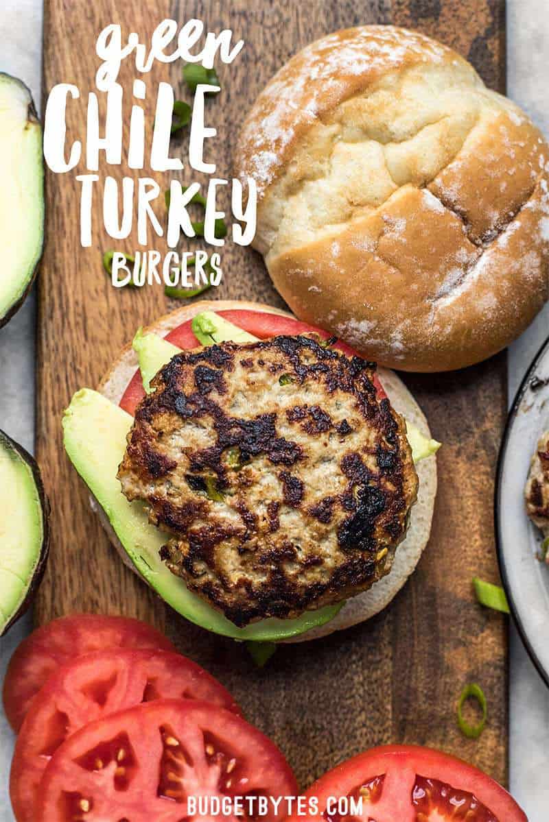 These Green Chile Turkey Burgers can't be beat for a fast, flavorful weeknight dinner. Ready in about 30 minutes and full of southwest flavor. BudgetBytes.com