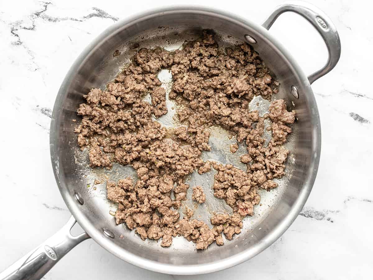 browned ground beef in the skillet