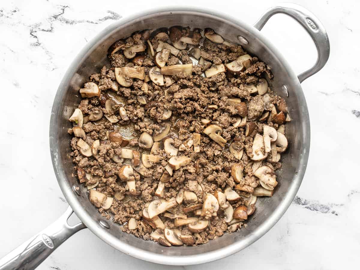 Mushrooms in the skillet with beef