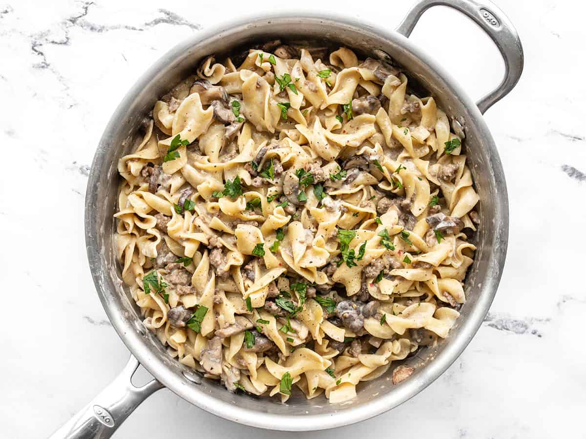 Finished one pot beef and mushroom stroganoff topped with parsley