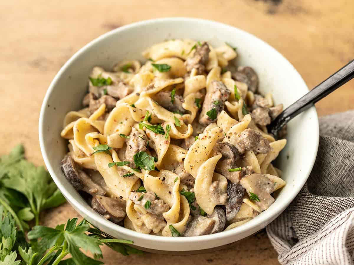 Side view of a bowl full of beef and mushroom stroganoff