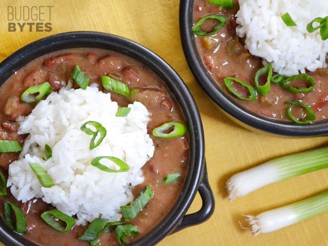 Top view of two bowls of Vegan Red Beans and Rice