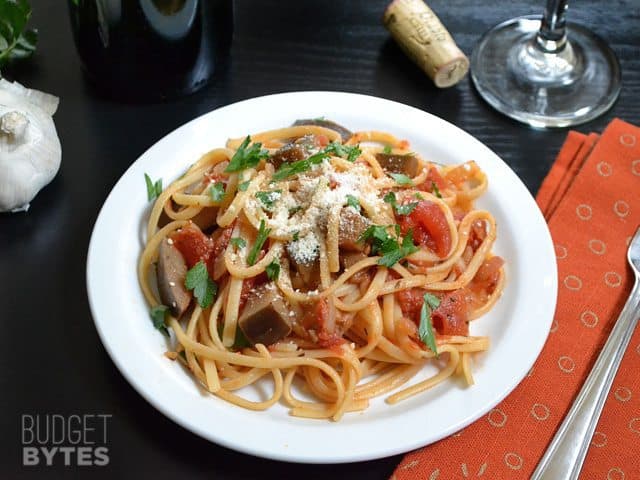 Top view of a plate of Pasta with Eggplant Sauce