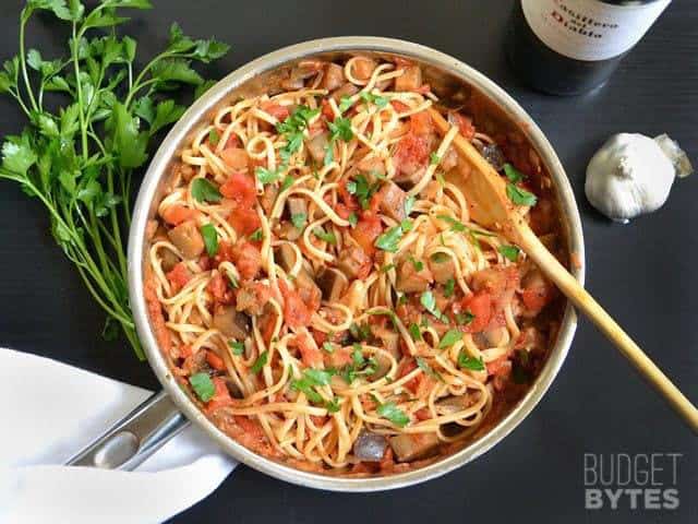 Top view of a skillet of Pasta with Eggplant Sauce