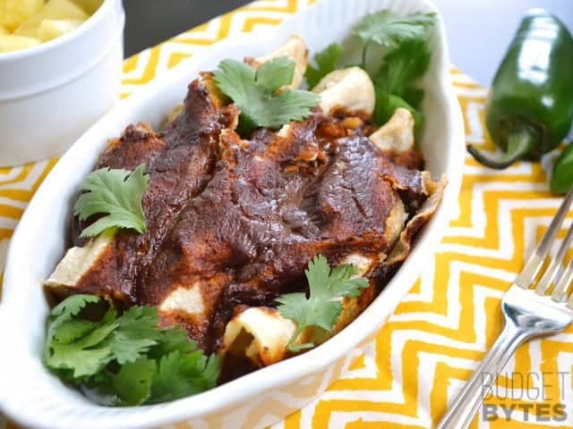 Close up of a dish of Beef & Pineapple Enchiladas