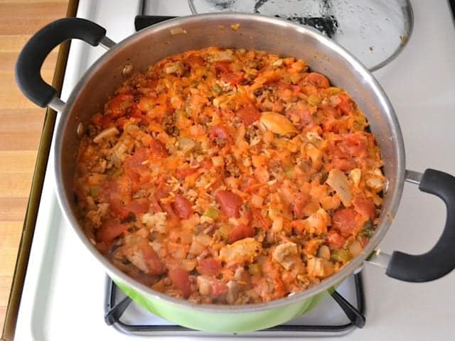 Top view of simmered mixture in pot