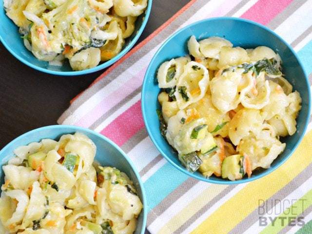 Top view of three bowls of Vegetable Alfredo Pasta Bake