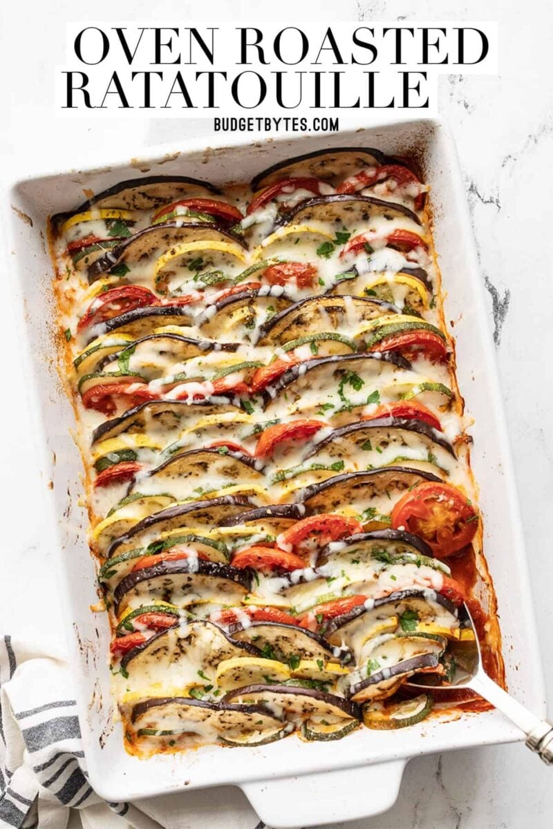 oven roasted ratatouille in a rectangular casserole dish, title text at the top