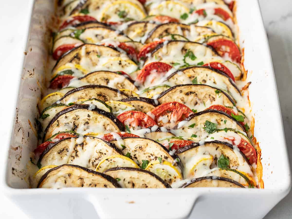 side view of ratatouille in the casserole dish
