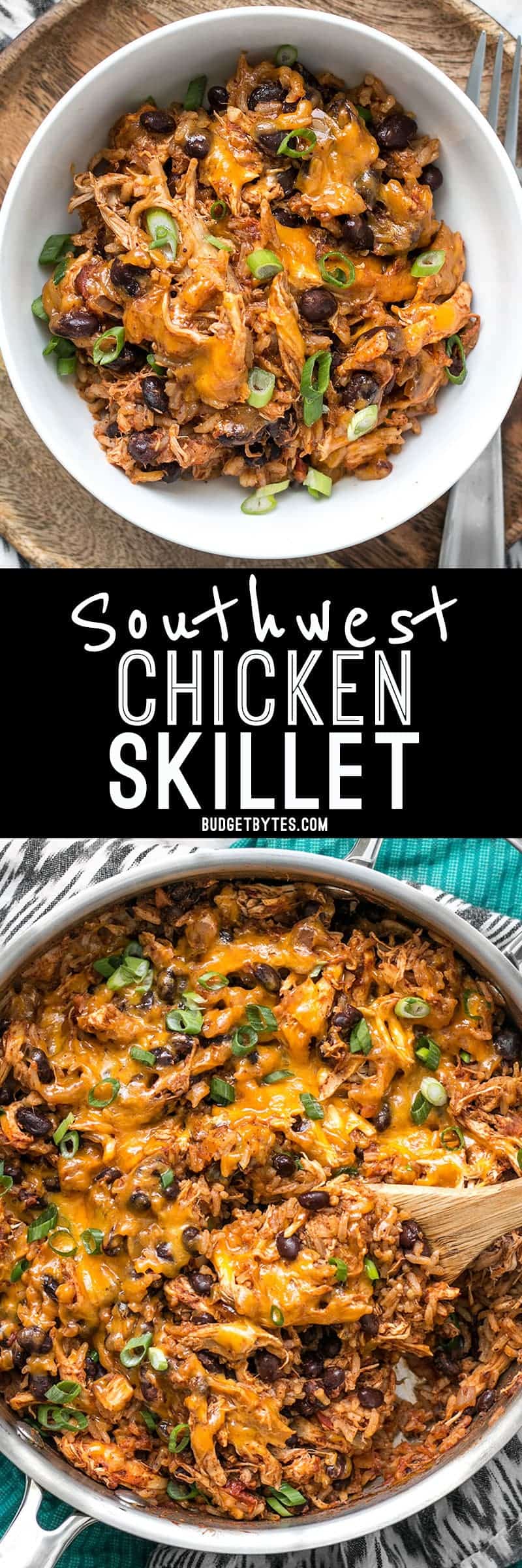 If you're looking for a quick and easy dinner, this Southwest Chicken Skillet is it! Precooked chicken makes this dinner possible in about 30 minutes. BudgetBytes.com