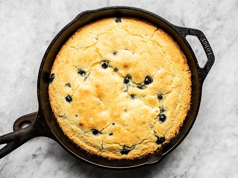 Baked Lemon Blueberry Cornbread in the cast iron skillet