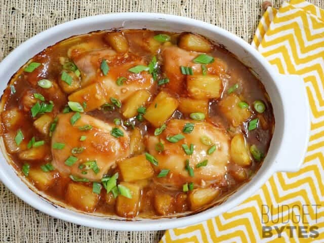 Top view of Pineapple Teriyaki Chicken Thighs in casserole dish 