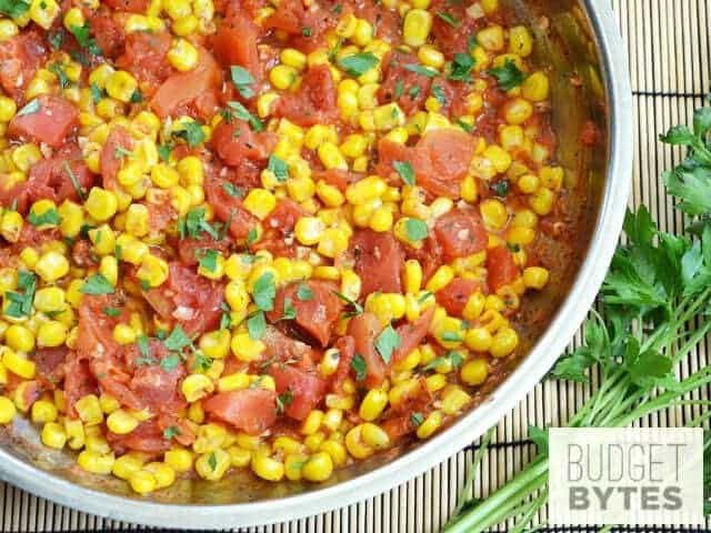 Top view of Sautéed Corn and Tomatoes in skillet 