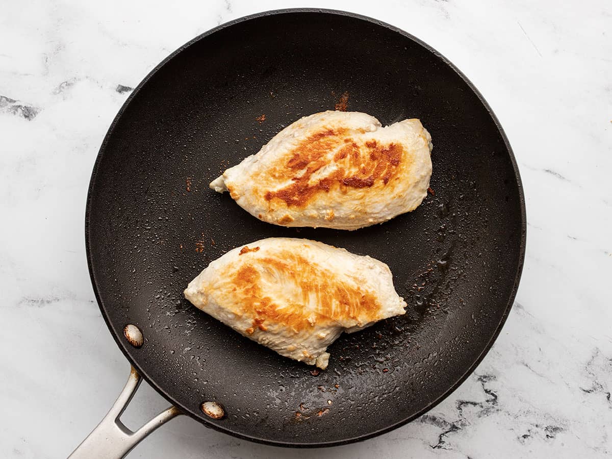 Cooked chicken breast in the skillet