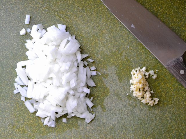 Diced Onion and Minced Garlic with knife 
