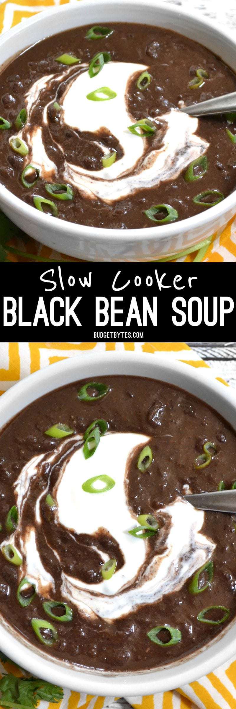Packed with vegetables, flavor, protein, and fiber, this ultra-flavorful and low-calorie Slow Cooker Black Bean Soup is an all around winner! BudgetBytes.com