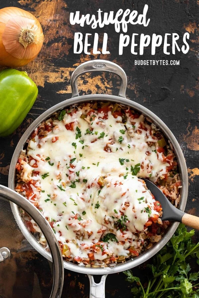 Unstuffed bell peppers skillet from above, title text at the top