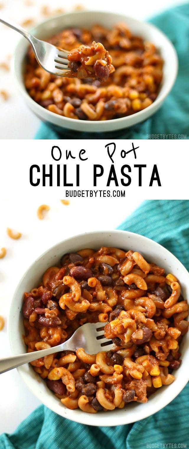 One Pot Chili Pasta is fast, easy, full of good-for-you beans and vegetables, and just enough cheese to feel like comfort food. BudgetBytes.com