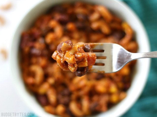 Close up of a forkful of One Pot Chili Pasta 