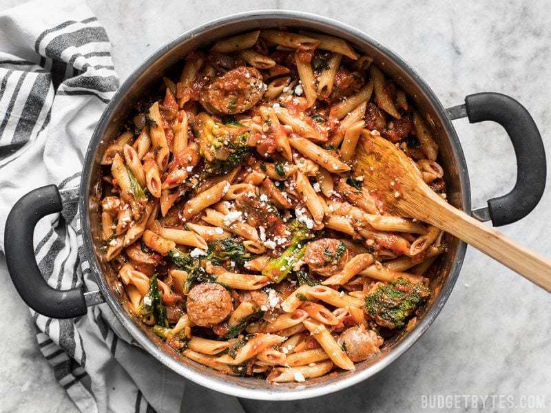 Finished pot of Penne Pasta with Sausage and Greens