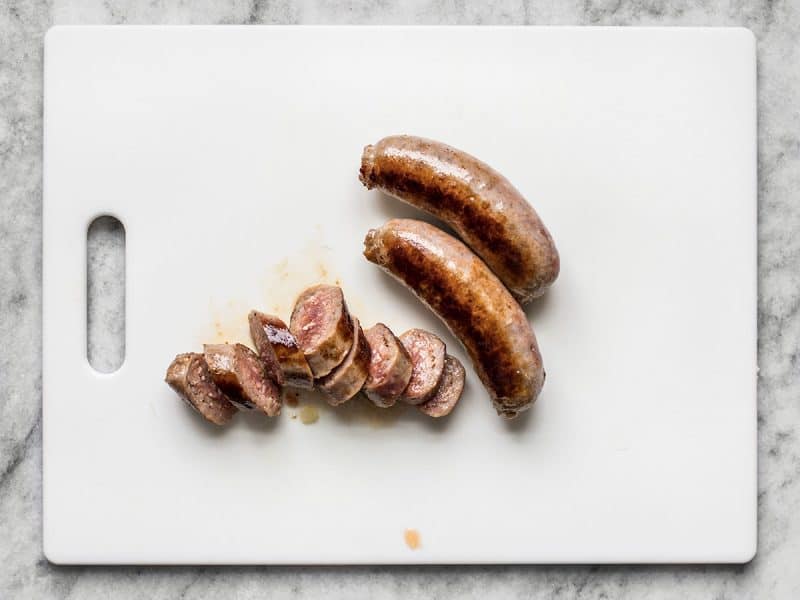 Sliced Sausage on a cutting board