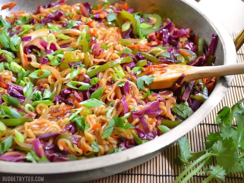 Close up of vegetable stir fry with noodles 