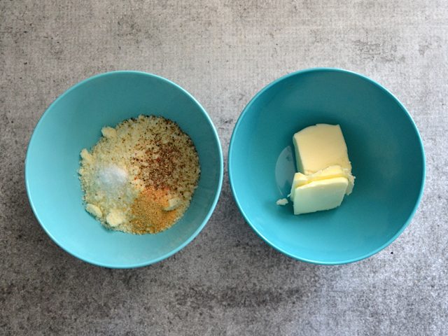 One bowl of dry ingredients for parmesan topping and one bowl of butter 