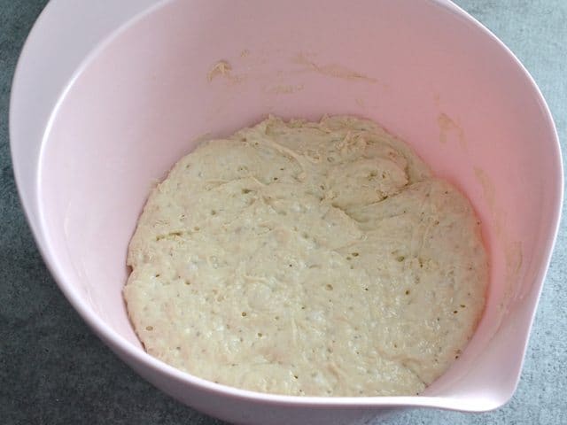 Fermented pizza dough in pink mixing bowl 