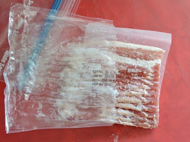 Frozen Bacon, ready to chop and cook in separate skillet 
