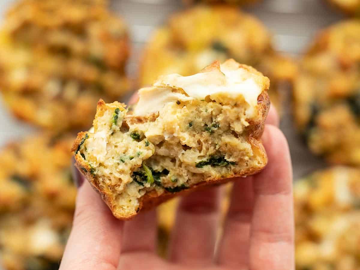close up of a stuffing muffin that has been bitten into