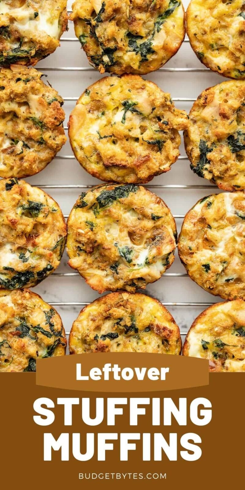 close up of stuffing muffins on a cooling rack, title text at the bottom