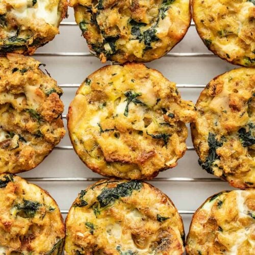 Close up of leftover stuffing muffins on a cooling rack