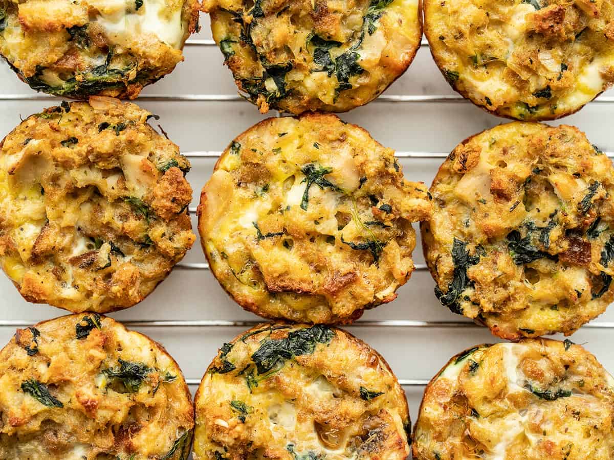 Close up of leftover stuffing muffins on a cooling rack