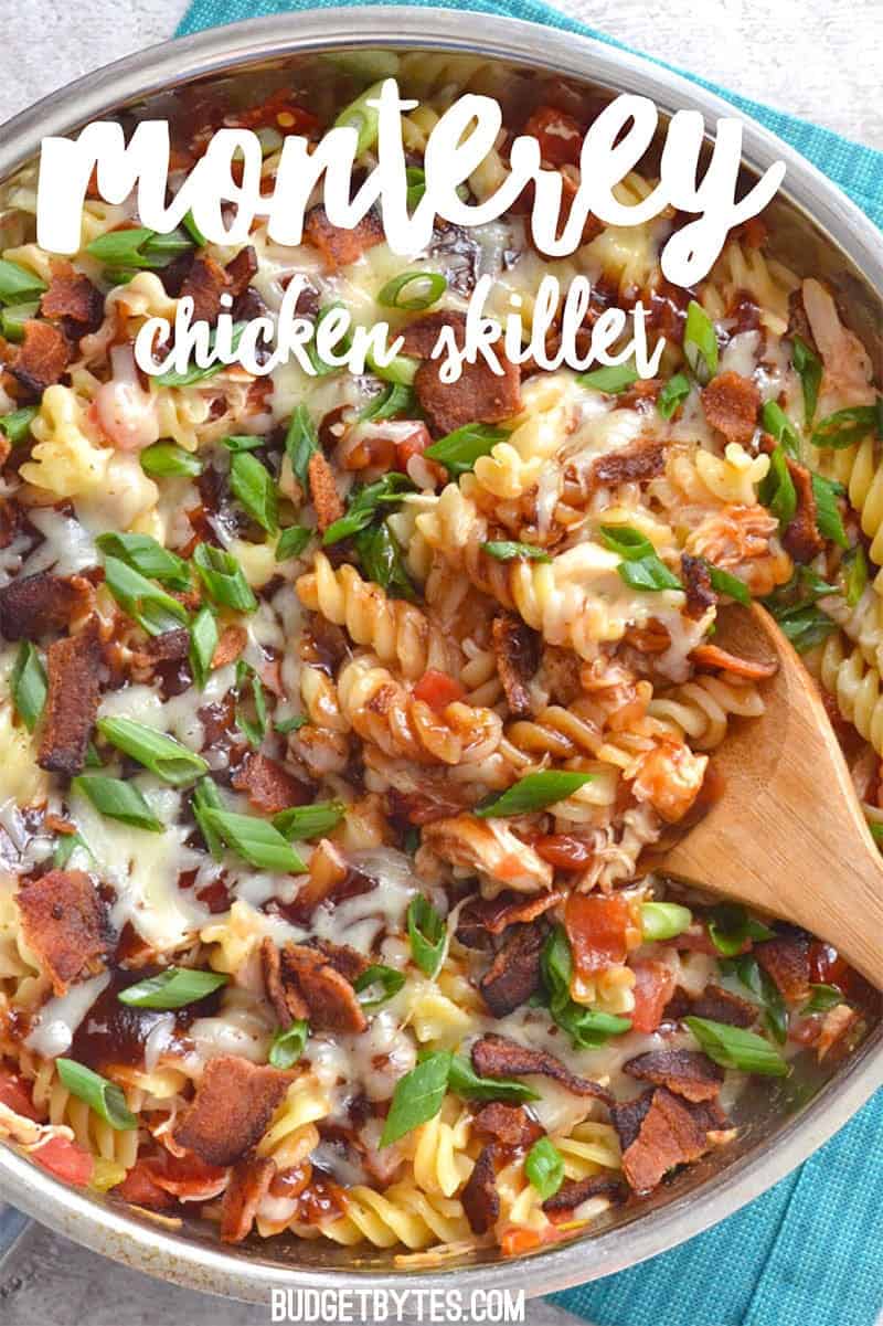 Smoky BBQ sauce, salty bacon, and creamy Monterey Jack cheese come together in this quick, one-dish Monterey Chicken Skillet. Budgetbytes.com