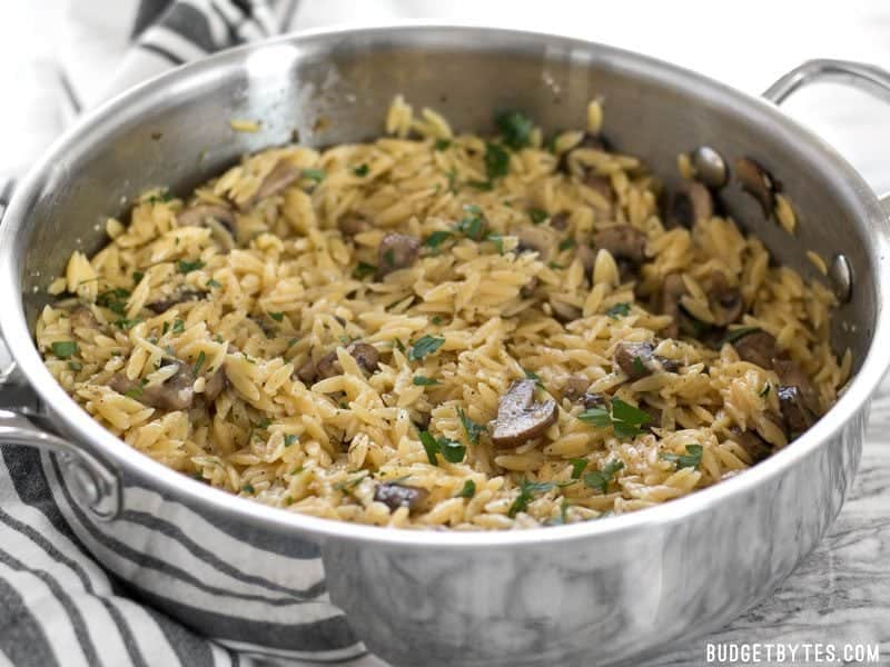 Front view of the skillet full of Parmesan Portobello Orzo 