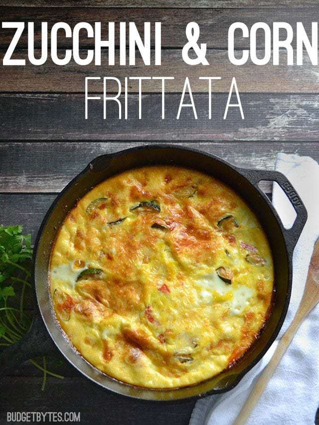 Top view of baked Zucchini and Corn Frittata in cast iron pan 