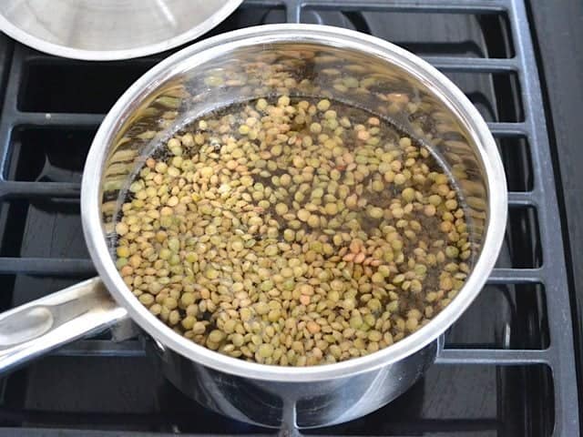 Cooking lentils in a pot of water on the stove top 