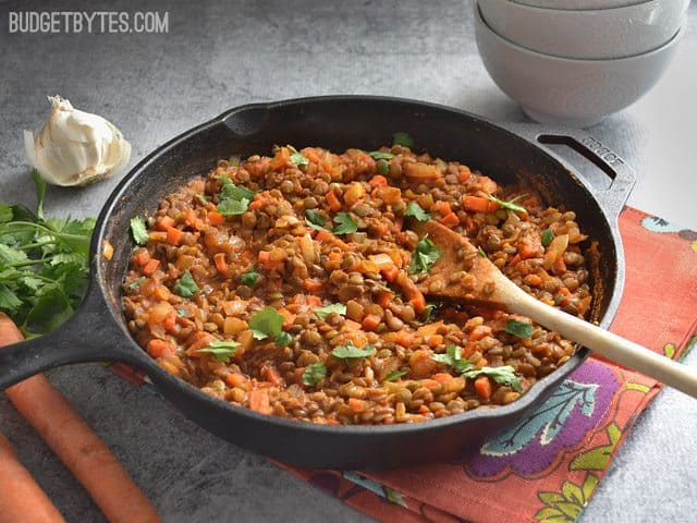 Side view of a skillet of Curried Lentils with wooden spoon. Skillet sitting on colorful napkin on counter, with garlic and cilantro on the side 