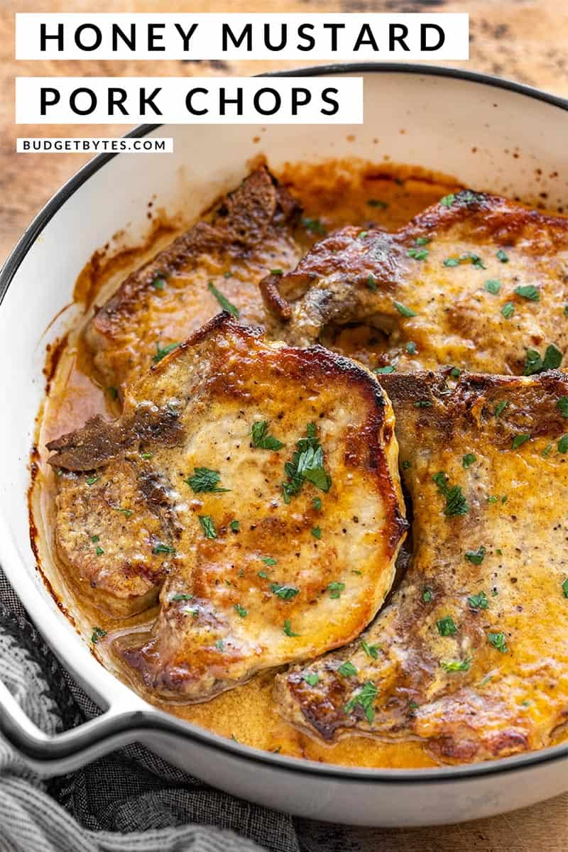 side view of honey mustard pork chops in the dish, title text at the top