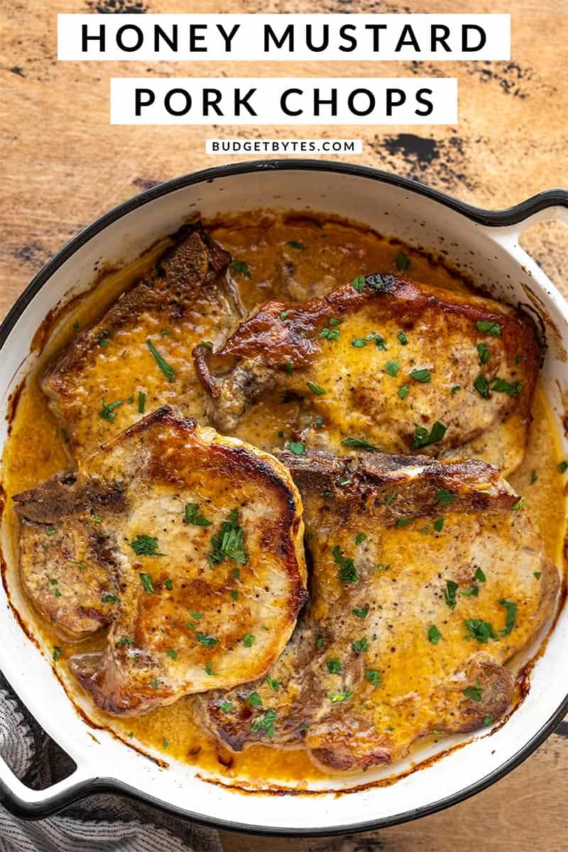 Overhead of honey mustard pork chops in a casserole dish, title text at the top