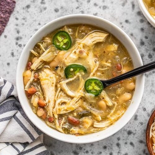 Close up overhead view of a bowl full of slow cooker white chicken chili