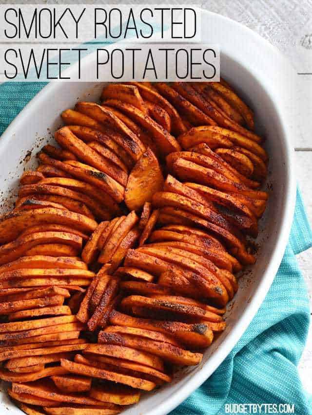 Top view of a Casserole dish of Smoky Roasted Sweet Potatoes 
